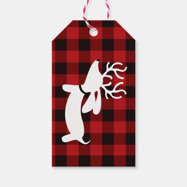 Reindeer Dachshund Christmas Gift Tag on Plaid (Front)