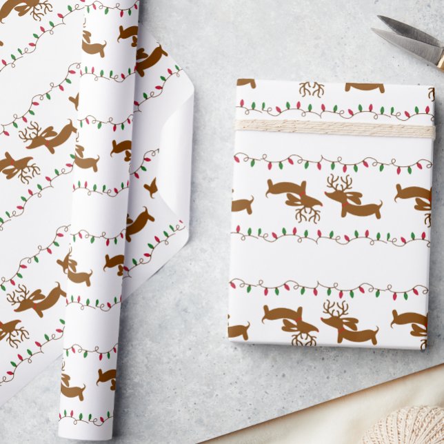 Reindeer Dachshund Christmas Gift Wrapping Paper (Dachshund gift wrap for wiener dog lovers. Featuring our weendeer dachshund and Christmas lights.)