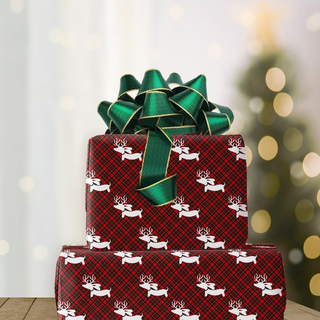 Reindeer Dachshund Christmas Wrapping Paper Sheets (Red and green plaid dachshund-themed Christmas wrapping paper.)