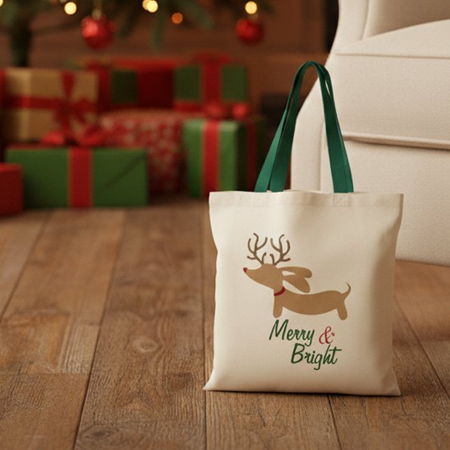 Reindeer Dachshund Merry & Bright Christmas Tote (Merry & Bright Dachshund Christmas tote bag for gifting)