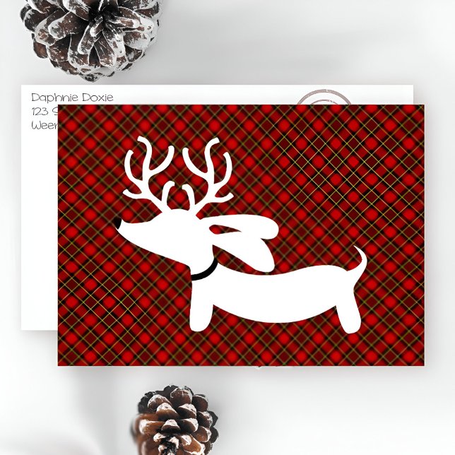 Reindeer Dachshund Plaid Christmas Cards (Wiener dog Dachshund through the snow weendeer wiener dog.)