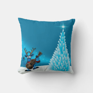 Reindeer Dancing Guitar Merry Christmas Tree Blue Cushion