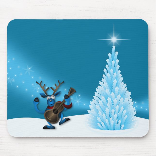 Reindeer Dancing Guitar Merry Christmas Tree Blue Mouse Pad (Front)
