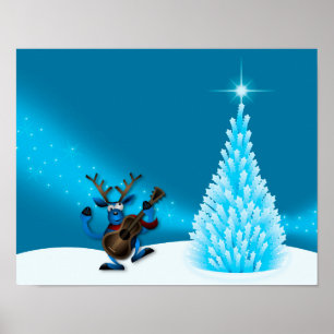 Reindeer Dancing Guitar Merry Christmas Tree Blue Poster