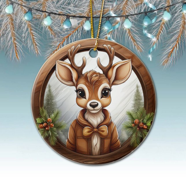 Reindeer, Deer, Antlers, Fawn, Doe Rustic 🦌🎄 Ceramic Tree Decoration (Cute Reindeer, Deer Antlers, Fawn, Doe Winter Trees Brown Framed Xmas Scene Ornament Front/Back 🦌🎄)