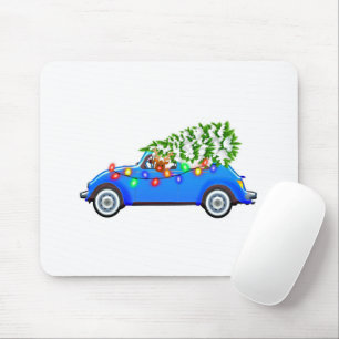 Reindeer driving a beetle with christmas treeb mouse pad