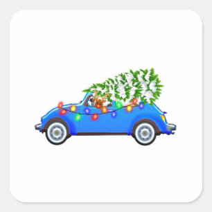 Reindeer driving a beetle with christmas treeb square sticker