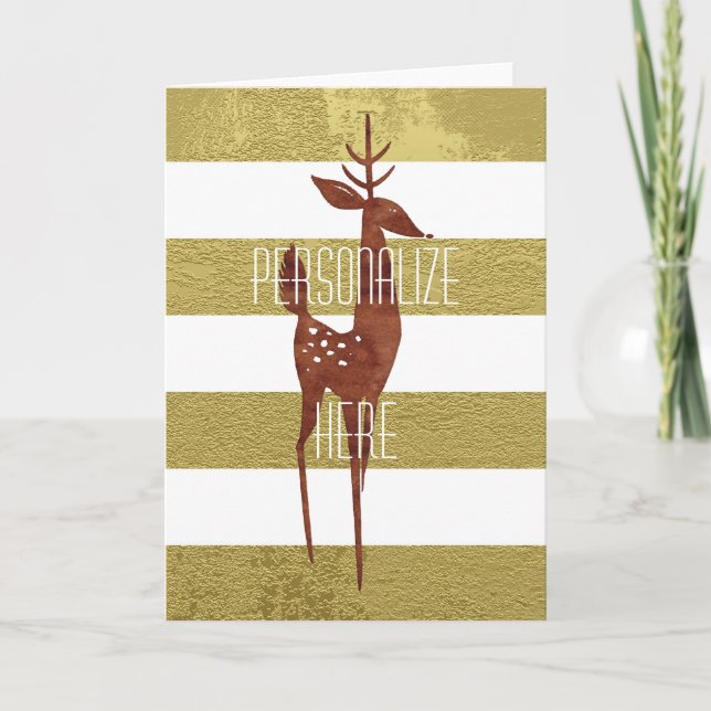 Reindeer elegant vintage gold and white striped card (Front)