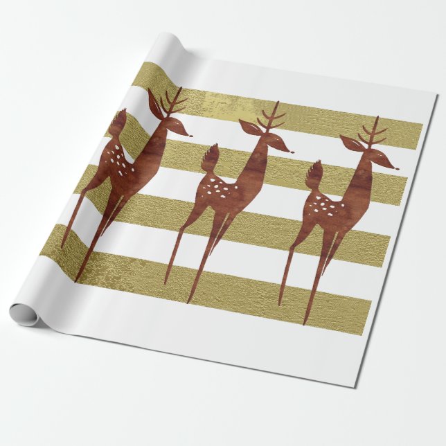 Reindeer elegant vintage gold white striped wrapping paper (Unrolled)