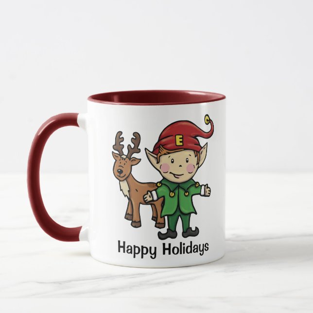 Reindeer & Elf Happy Holidays Mug (Left)