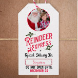 Reindeer Express from Santa Name & Photo Christmas Gift Tags<br><div class="desc">Add a special magical touch to your little one's gift from Santa Claus with a custom red,  green,  and white holiday gift tag from reindeer express! This personalised Christmas design also offers the ability to add the name of your kid and a photo,  too.</div>