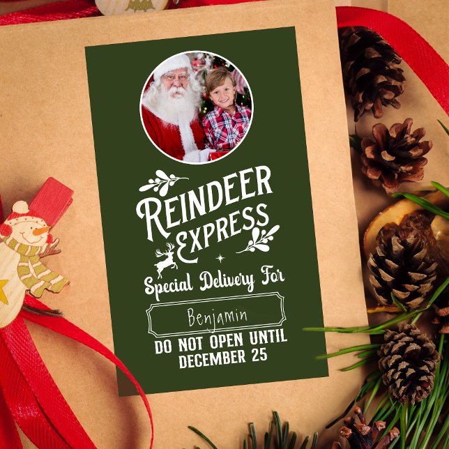 Reindeer Express from Santa Name & Photo Christmas Rectangular Sticker (Creator Uploaded)