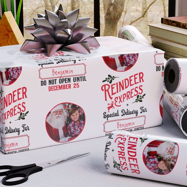 Reindeer Express from Santa Name & Photo Christmas Wrapping Paper (Creator Uploaded)