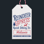 REINDEER EXPRESS SPECIAL DELIVERY  GIFT TAGS<br><div class="desc">This cute blue pink & white North Pole Express gift tag features "Reindeer Express" adorned with pine tree and stars and "Special Delivery for" and the child's name in elegant cursive font (Just delete the template text to hand write). On the bottom "Don't open before December 25th". On the other...</div>