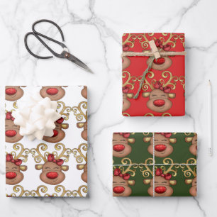 Reindeer face cartoon red glitter nose pattern  wrapping paper sheet