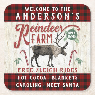 Reindeer Farm Rustic Vintage Farmhouse Custom Name Square Paper Coaster