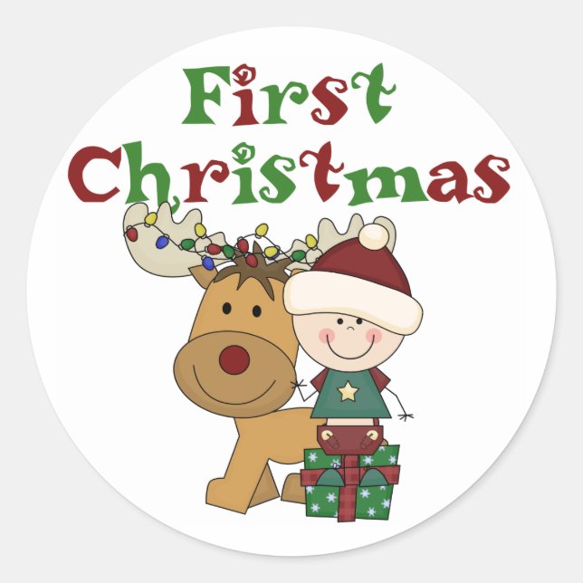 Reindeer First Christmas T-shirts and Gifts Classic Round Sticker (Front)