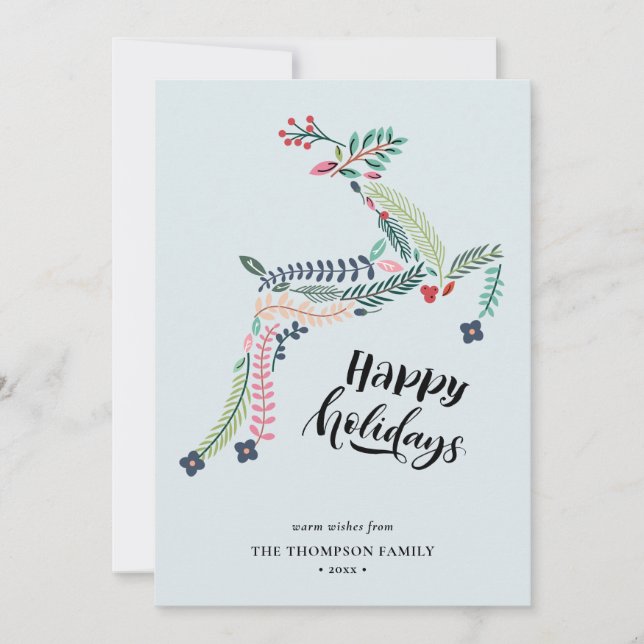 Reindeer Floral | Poinsettia Pine Bough Happy Holiday Card (Front)