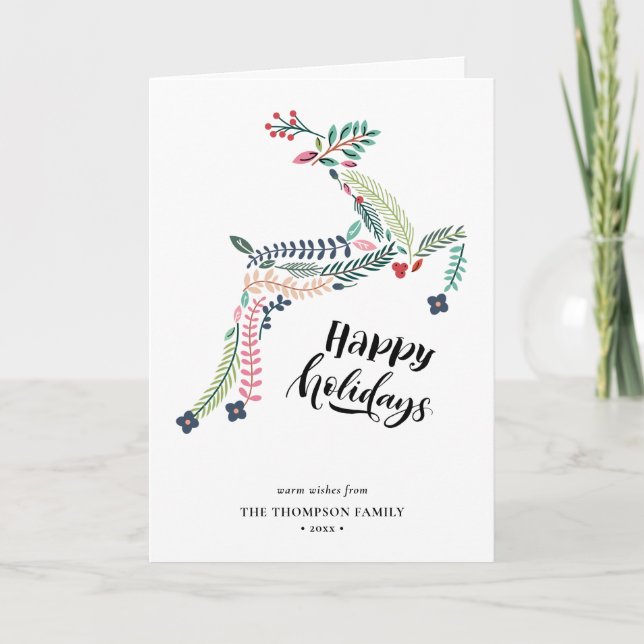 Reindeer Floral | Poinsettia Pine Bough Happy Holiday Card (Front)