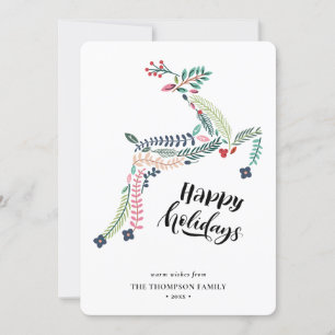 Reindeer Floral Poinsettia Pine Bough Happy Holiday Card