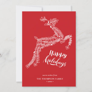 Reindeer Floral   Poinsettia Pine Bough Red Happy Holiday Card