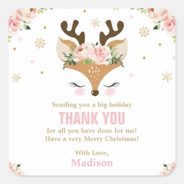 Reindeer Floral Snowflakes Christmas Thank You Square Sticker (Front)