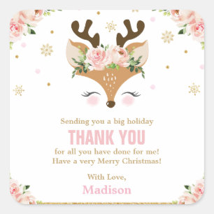 Reindeer Floral Snowflakes Christmas Thank You Square Sticker