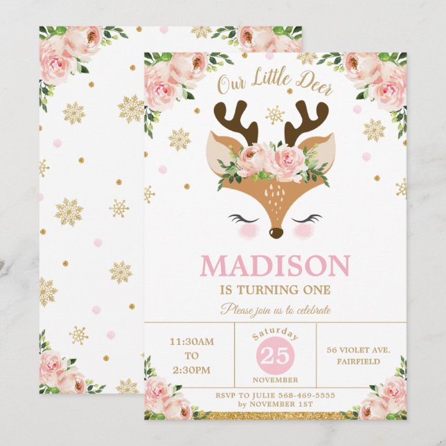 Reindeer Floral Snowflakes Winter Birthday Party Invitation (Front/Back)