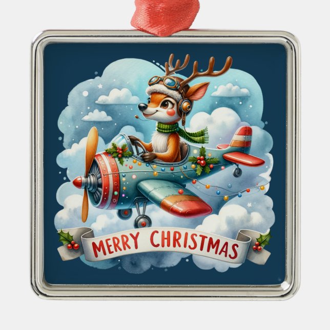 Reindeer Flying Aeroplane Ornament (Front)