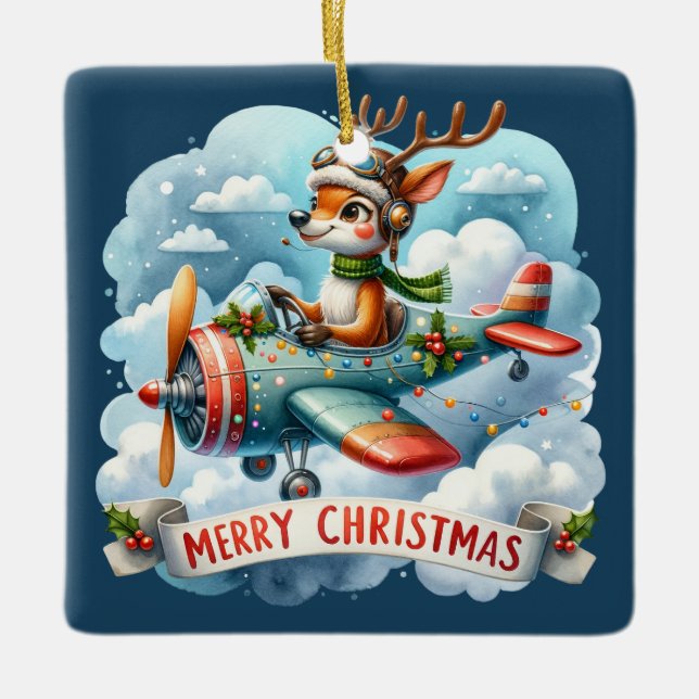 Reindeer Flying Aeroplane Ornament (Front)