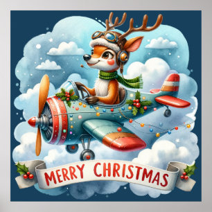 Reindeer Flying Aeroplane Poster