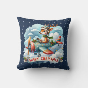 Reindeer Flying Aeroplane Throw Pillow