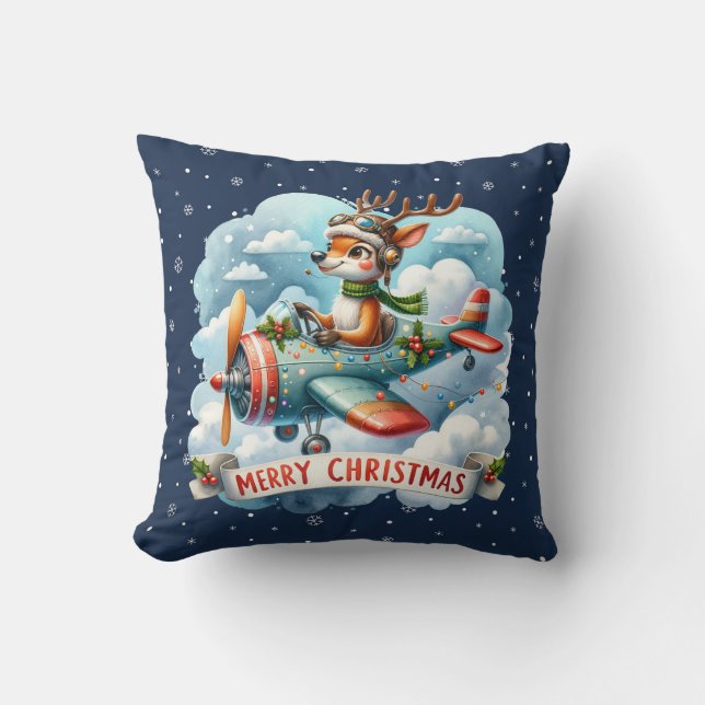 Reindeer Flying Aeroplane Throw Pillow (Front)