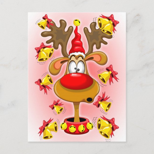 Reindeer Fun Christmas Cartoon with Bells Alarms Holiday Postcard (Front)