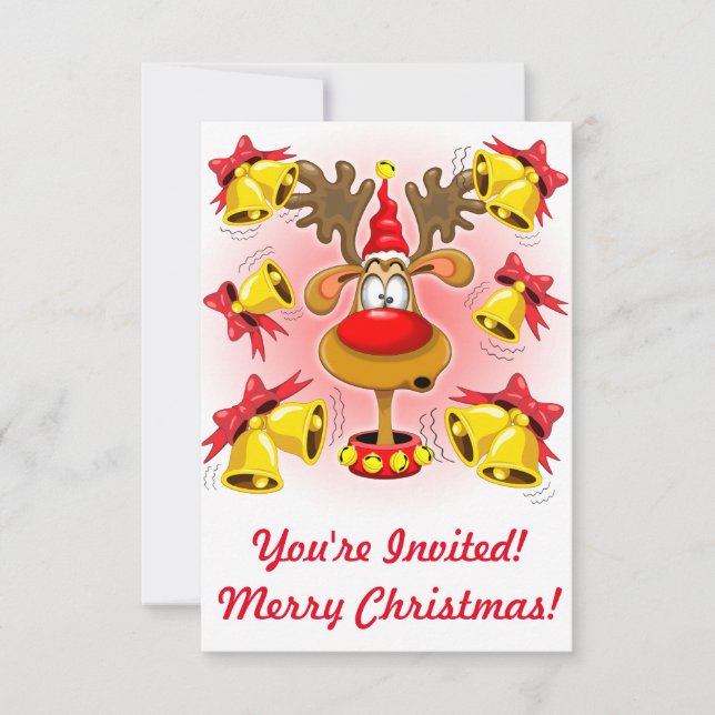 Reindeer Fun Christmas Cartoon with Bells Alarms Invitation (Front)