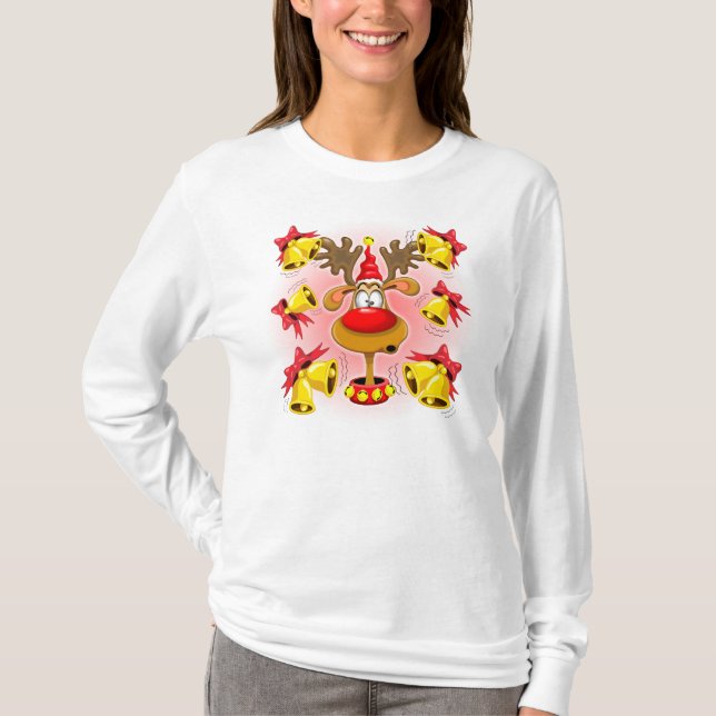 Reindeer Fun Christmas Cartoon with Bells Alarms T-Shirt (Front)
