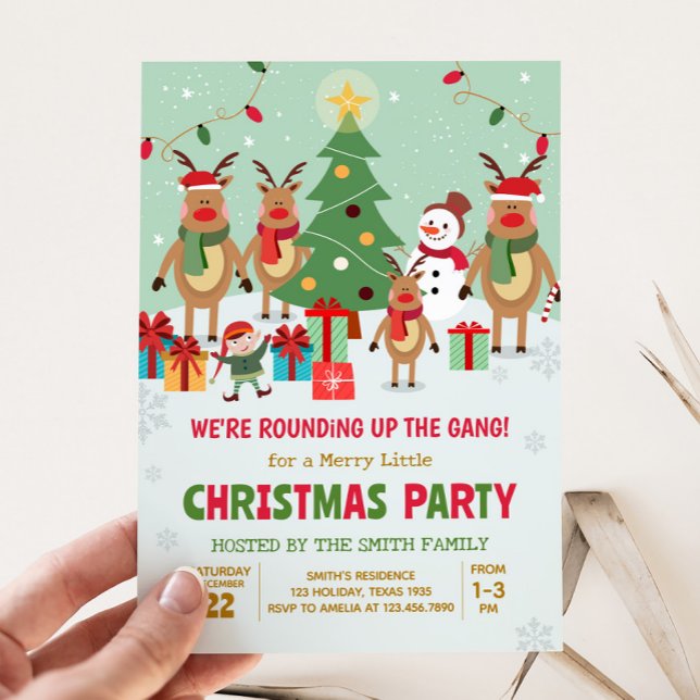 Reindeer Fun Christmas Party Invitation (Reindeer We're Rounding Up the Gang Christmas Party Invitation)
