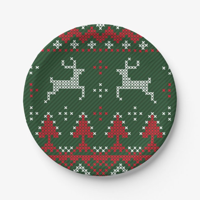 Reindeer Funny Christmas Ugly Sweater Paper Plates (Front)