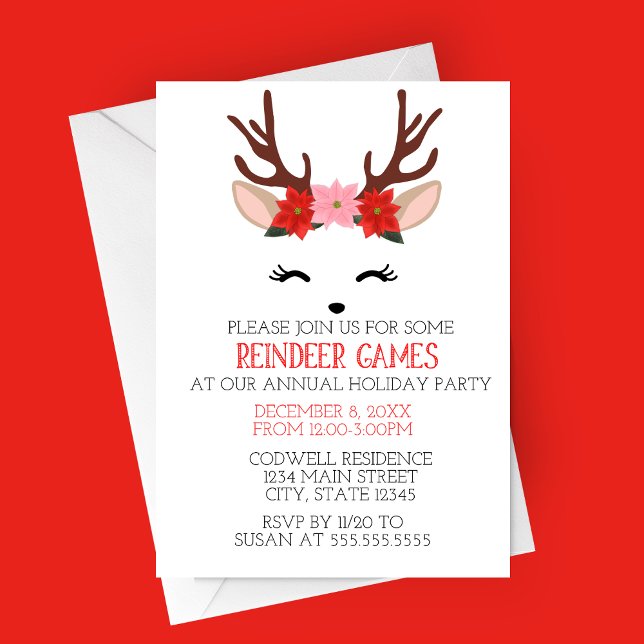 Reindeer Games Holiday Party Invitation (Reindeer Games Minimalist Holiday Party Invitation | Deer with Flower Crown | Christmas Party)