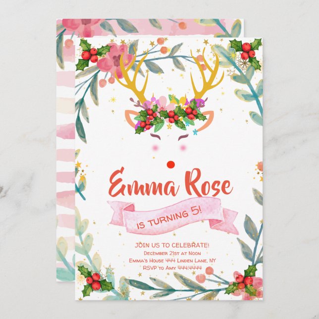 Reindeer Girl Christmas Birthday Invitation (Front/Back)