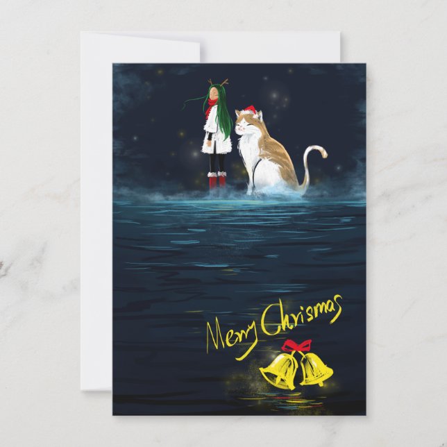 Reindeer Girl Merry Christmas Cat Magical Holiday Card (Front)