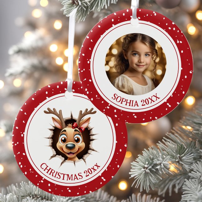 Reindeer Girl Name Christmas Photo Ornament (Funny Happy Reindeer Girl Christmas Photo Ornament)