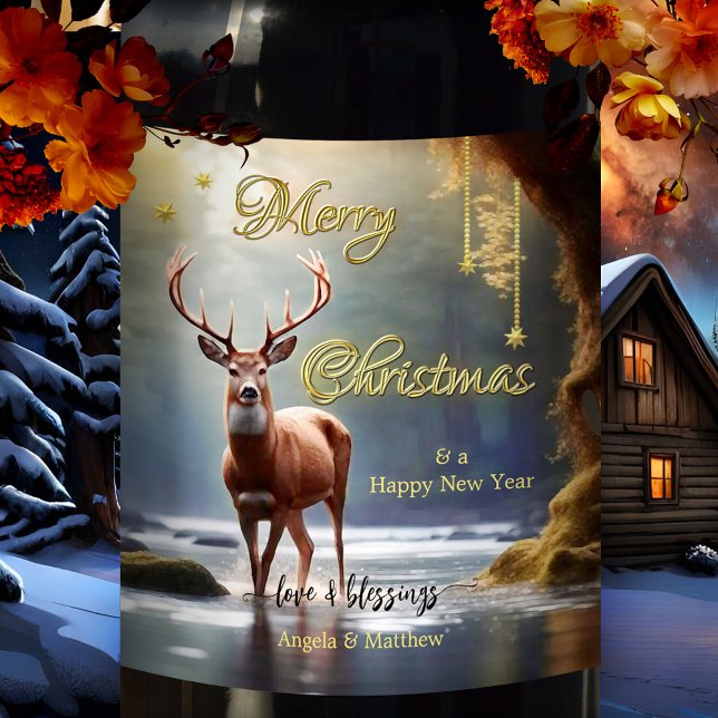 Reindeer Gold Stars Christmas Wine Label (Modern Christmas wine label featuring a reindeer in a river landscape with gold stylized stars)