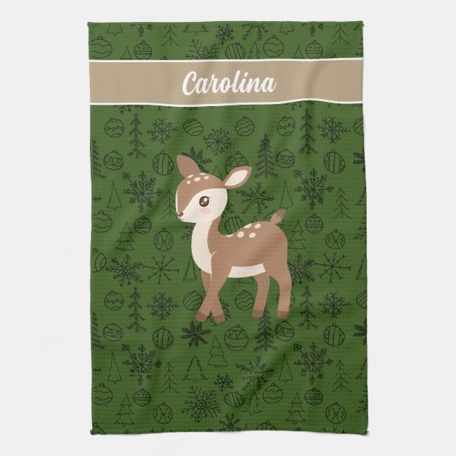 Reindeer - green pattern monogram tea towel (Vertical)