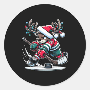 Reindeer Hockey Player Slapshot Stag In Festive Ho Classic Round Sticker