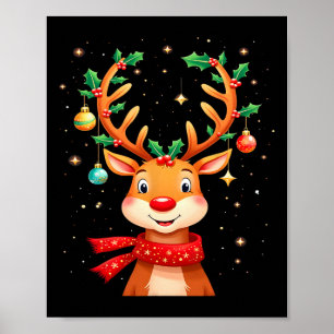 Reindeer Holly Antlers Christmas Kids Poster