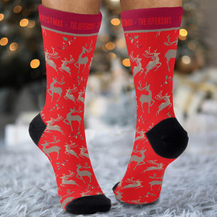 Reindeer holly bright red brown custom Christmas Socks