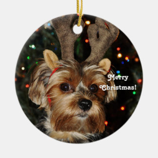 Reindeer Horns Yorkshire Terrier,Merry Christmas! Ceramic Tree Decoration