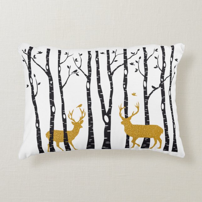 Reindeer in birch tree forest decorative cushion (Front)
