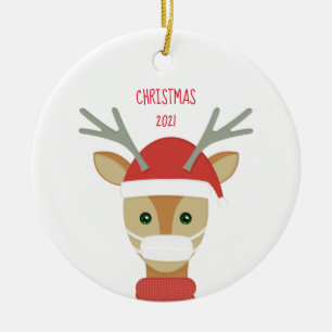Reindeer in Face Mask Christmas 202 Ceramic Orname Tree Decoration